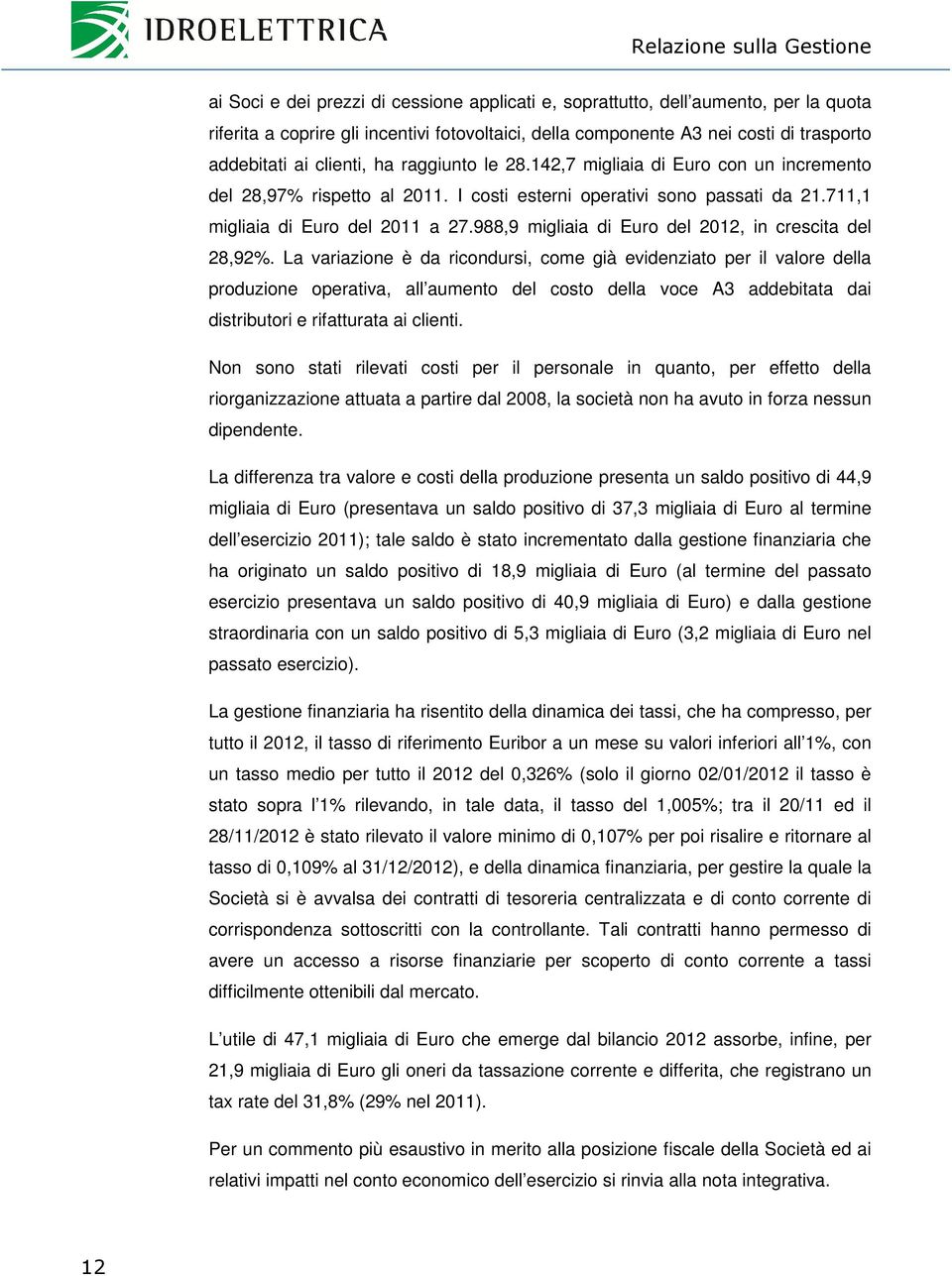 711,1 migliaia di Euro del 2011 a 27.988,9 migliaia di Euro del 2012, in crescita del 28,92%.