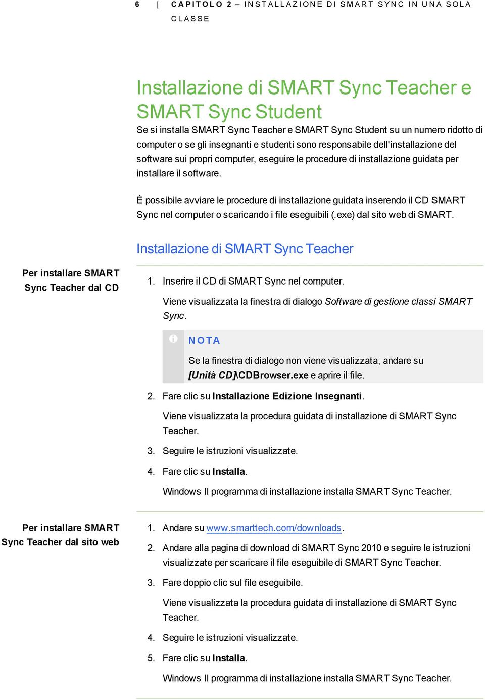 installare il software. È possibile avviare le procedure di installazione guidata inserendo il CD SMART Sync nel computer o scaricando i file eseguibili (.exe) dal sito web di SMART.