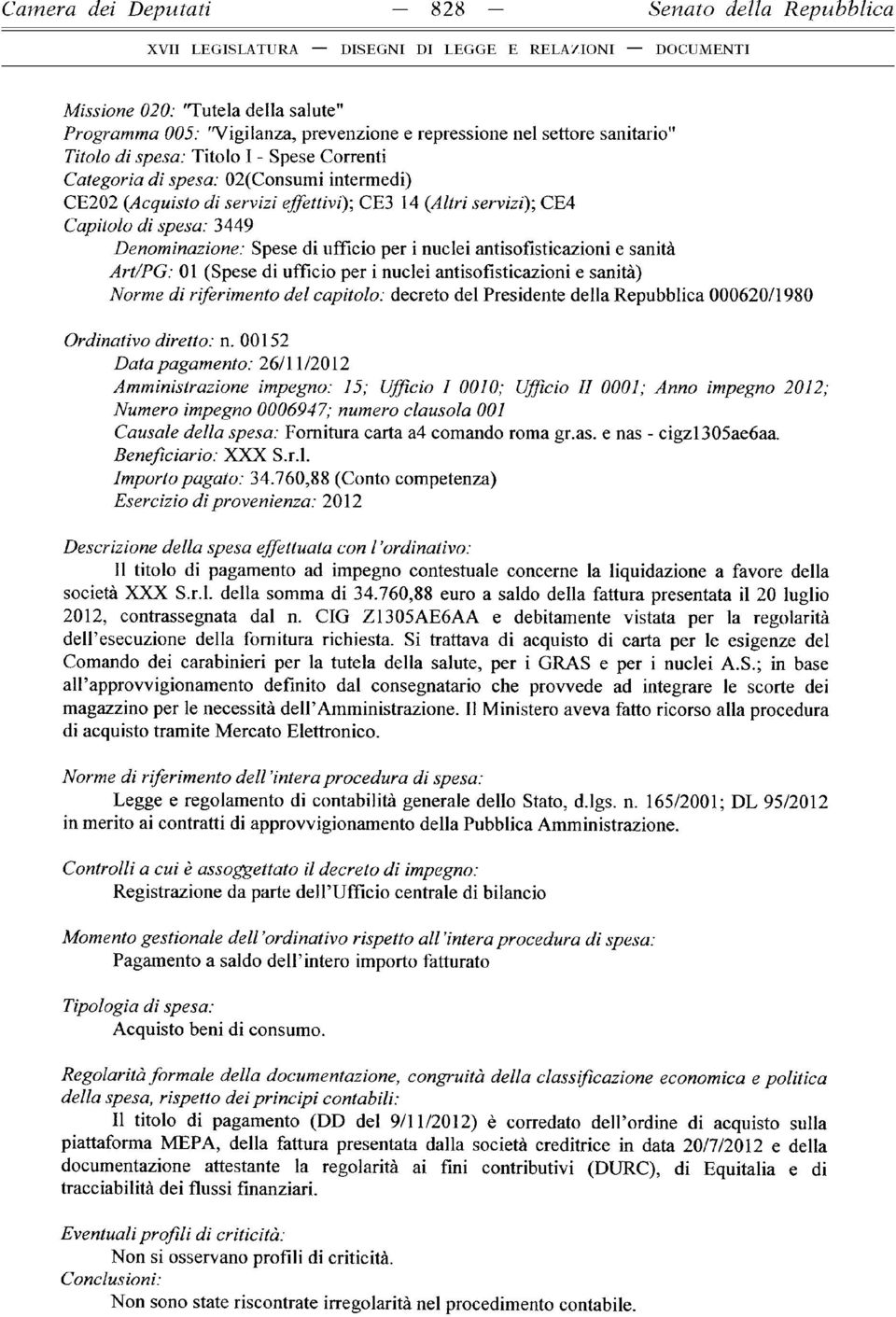 ufficio per i nuclei antisofisticazioni e sanità) Norme di riferimento del capitolo: decreto del Presidente della Repubblica 000620/1980 Ordinativo diretto: n.