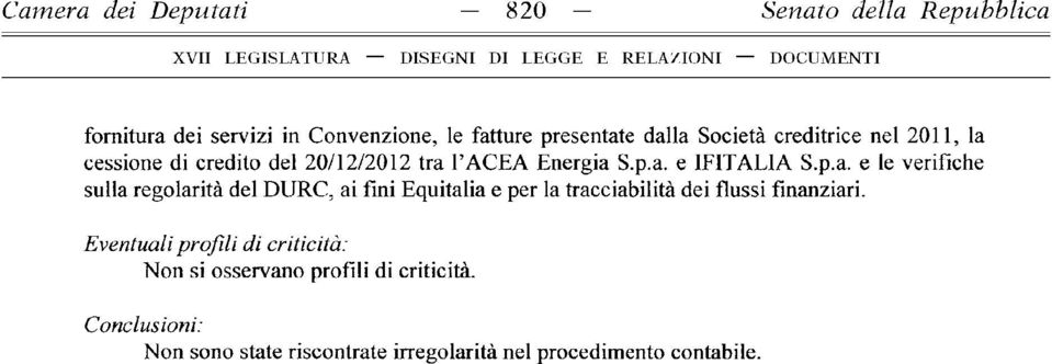 20/12/2012 tra l ACEA Energia S.p.a. e IFITALIA S.p.a. e le verifiche sulla regolarità del DURC, ai fini Equitalia e per la tracciabilità dei flussi finanziari.