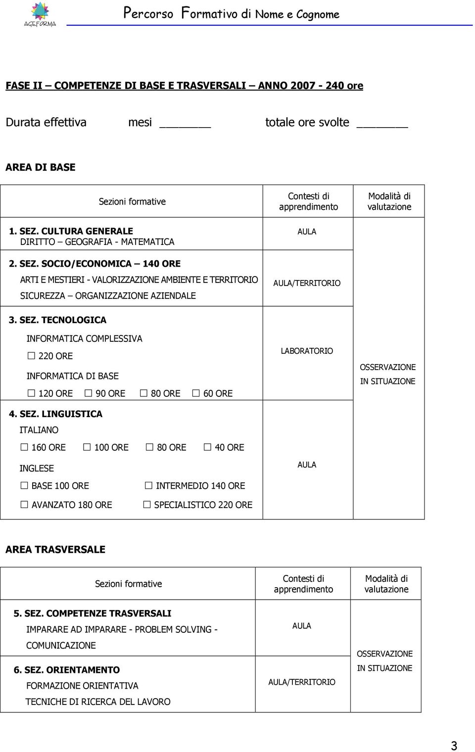 SEZ. LINGUISTICA ITALIANO 160 ORE 100 ORE 80 ORE 40 ORE INGLESE LABORATORIO OSSERVAZIONE IN SITUAZIONE BASE 100 ORE AVANZATO 180 ORE INTERMEDIO 140 ORE SPECIALISTICO 220 ORE AREA TRASVERSALE Sezioni