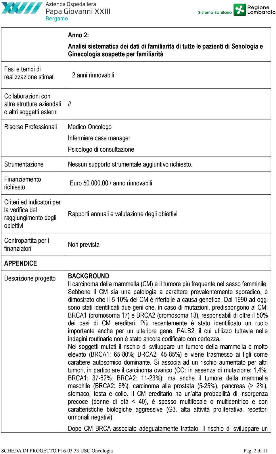 Contropartita per i finanziatori // Medico Oncologo Infermiere case manager Psicologo di consultazione Nessun supporto strumentale aggiuntivo richiesto. Euro 50.