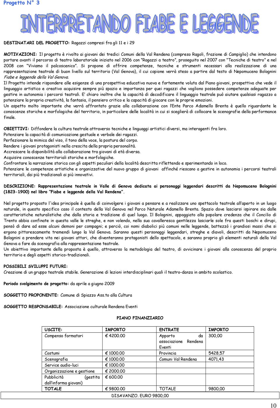 Si propone di offrire competenze, tecniche e strumenti necessari alla realizzazione di una rappresentazione teatrale di buon livello sul territorio (Val Genova), il cui copione verrà steso a partire