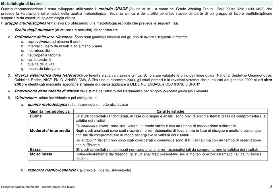 di lavoro multidisciplinare supportato da esperti di epidemiologia clinica. Il gruppo multidisciplinare ha lavorato utilizzando una metodologia esplicita che prevede le seguenti fasi. 1.