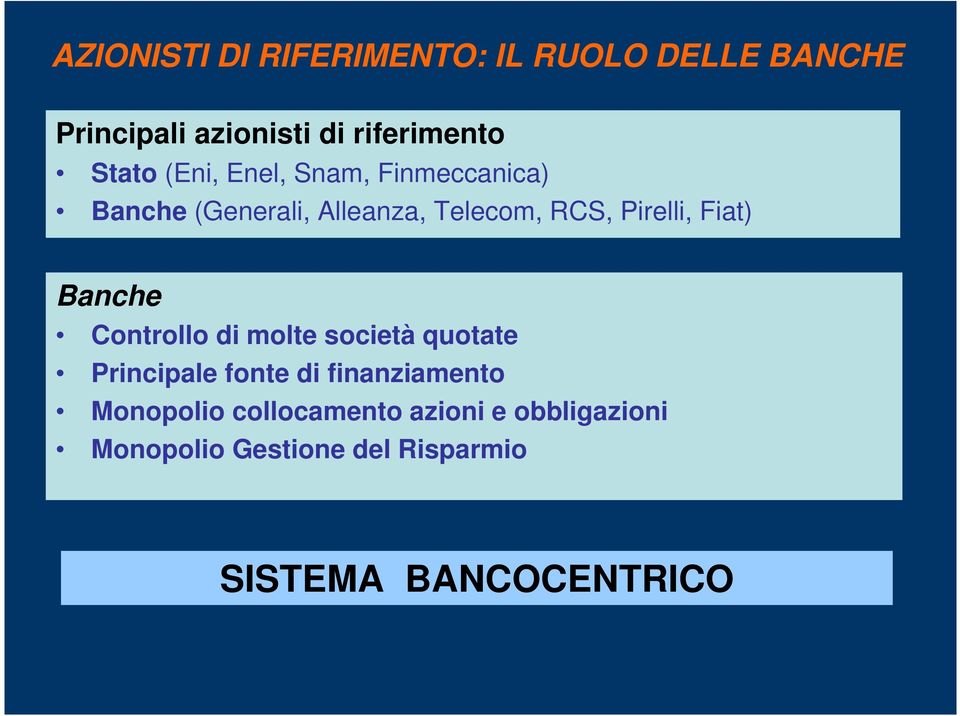 Fiat) Banche Controllo di molte società quotate Principale fonte di finanziamento