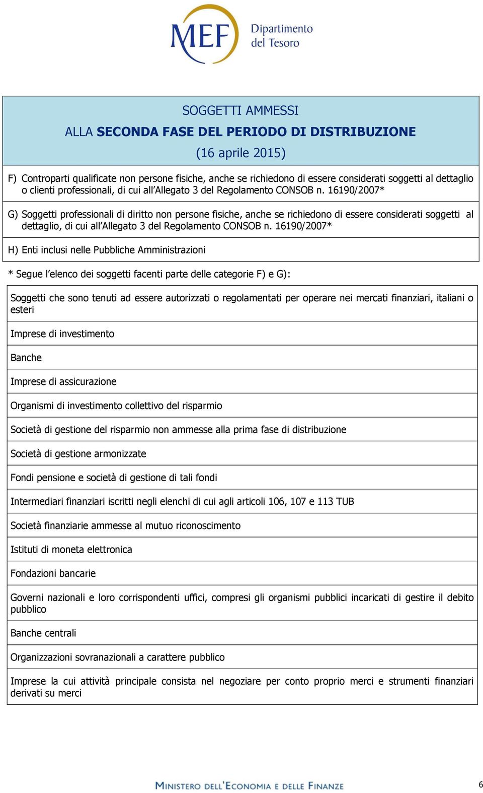 16190/2007* G) Soggetti professionali di diritto non persone fisiche, anche se richiedono di essere considerati soggetti al dettaglio, di cui all Allegato 3 del Regolamento CONSOB n.