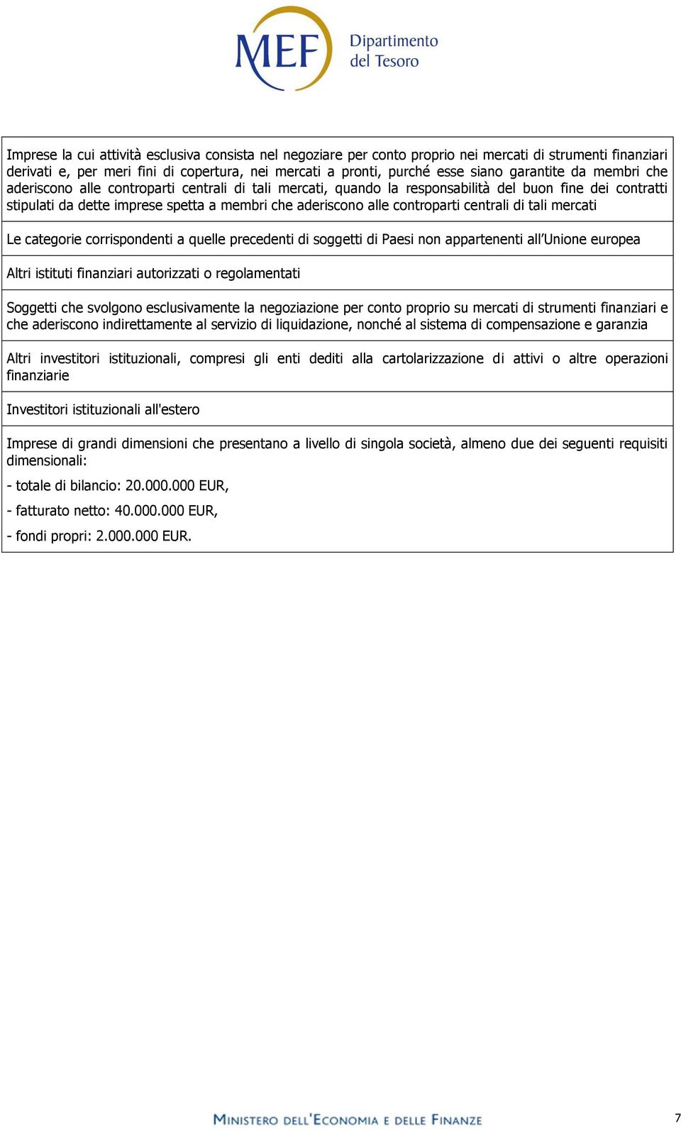 controparti centrali di tali mercati Le categorie corrispondenti a quelle precedenti di soggetti di Paesi non appartenenti all Unione europea Altri istituti finanziari autorizzati o regolamentati