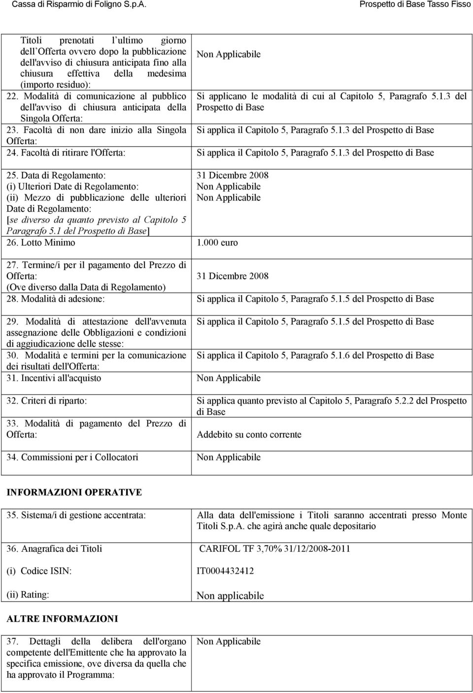 Facoltà di non dare inizio alla Singola Offerta: Non Applicabile Si applicano le modalità di cui al Capitolo 5, Paragrafo 5.1.3 del Prospetto di Base Si applica il Capitolo 5, Paragrafo 5.1.3 del Prospetto di Base 24.