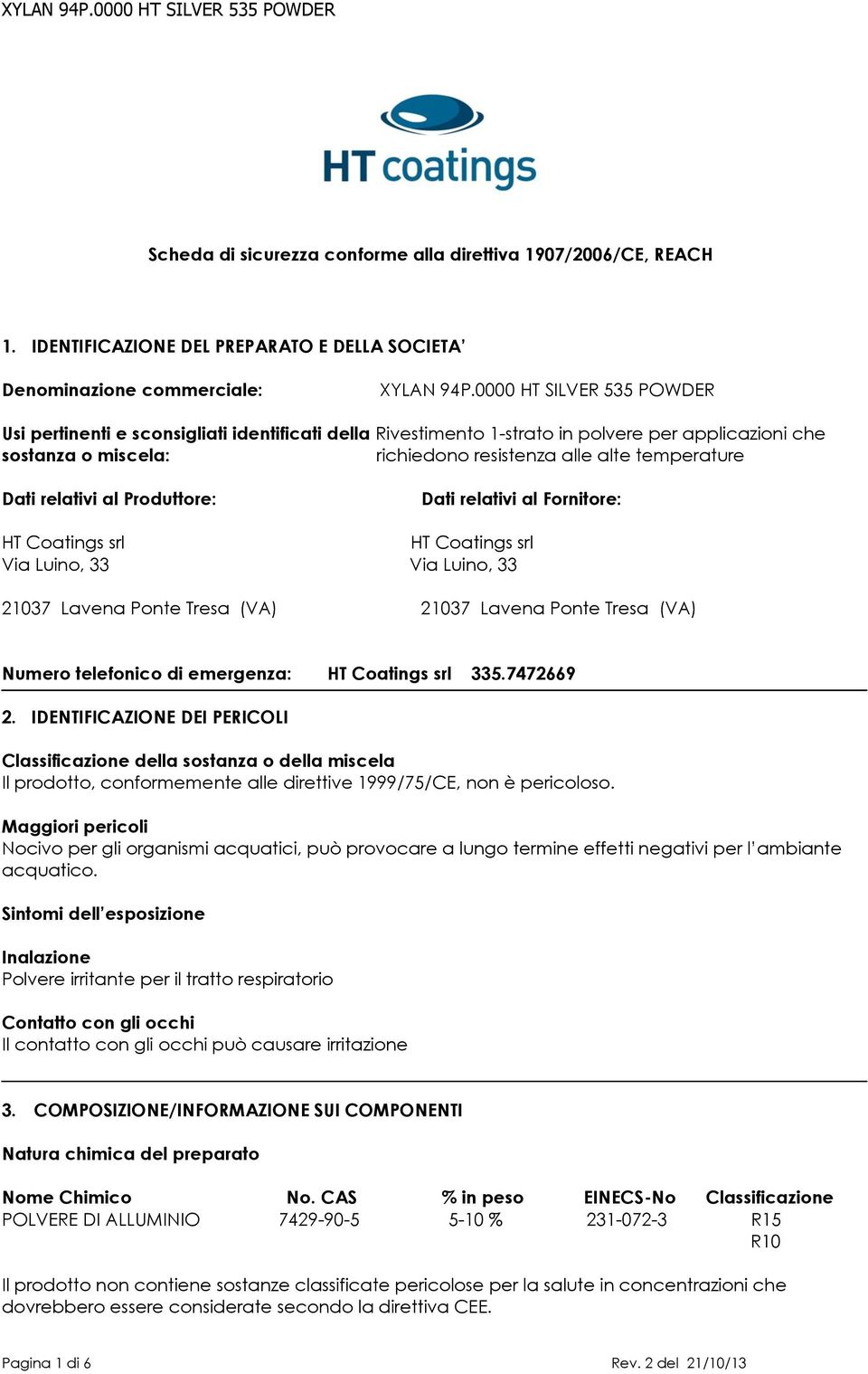 relativi al Produttore: Dati relativi al Fornitore: HT Coatings srl HT Coatings srl Via Luino, 33 Via Luino, 33 21037 Lavena Ponte Tresa (VA) 21037 Lavena Ponte Tresa (VA) Numero telefonico di