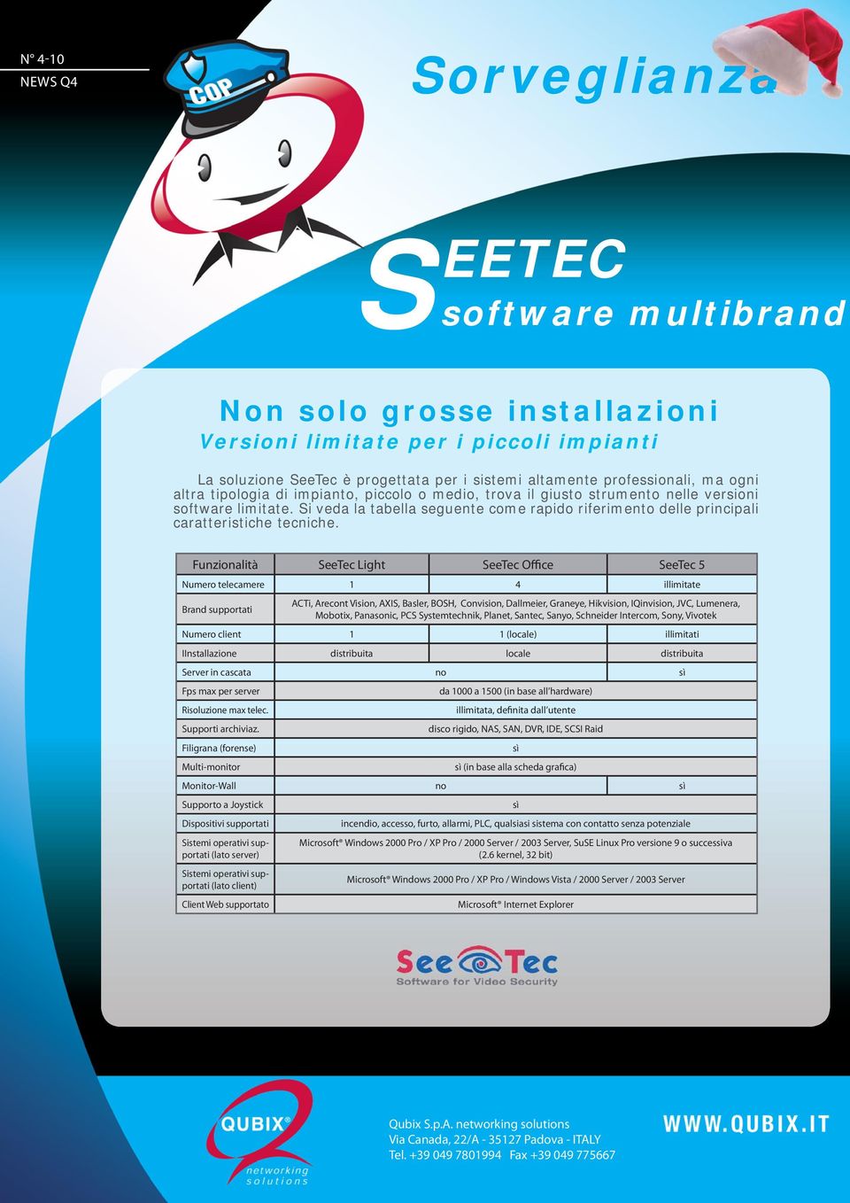 Funzionalità SeeTec Light SeeTec Office SeeTec 5 Numero telecamere 1 4 illimitate Brand supportati ACTi, Arecont Vision, AXIS, Basler, BOSH, Convision, Dallmeier, Graneye, Hikvision, IQinvision, JVC,