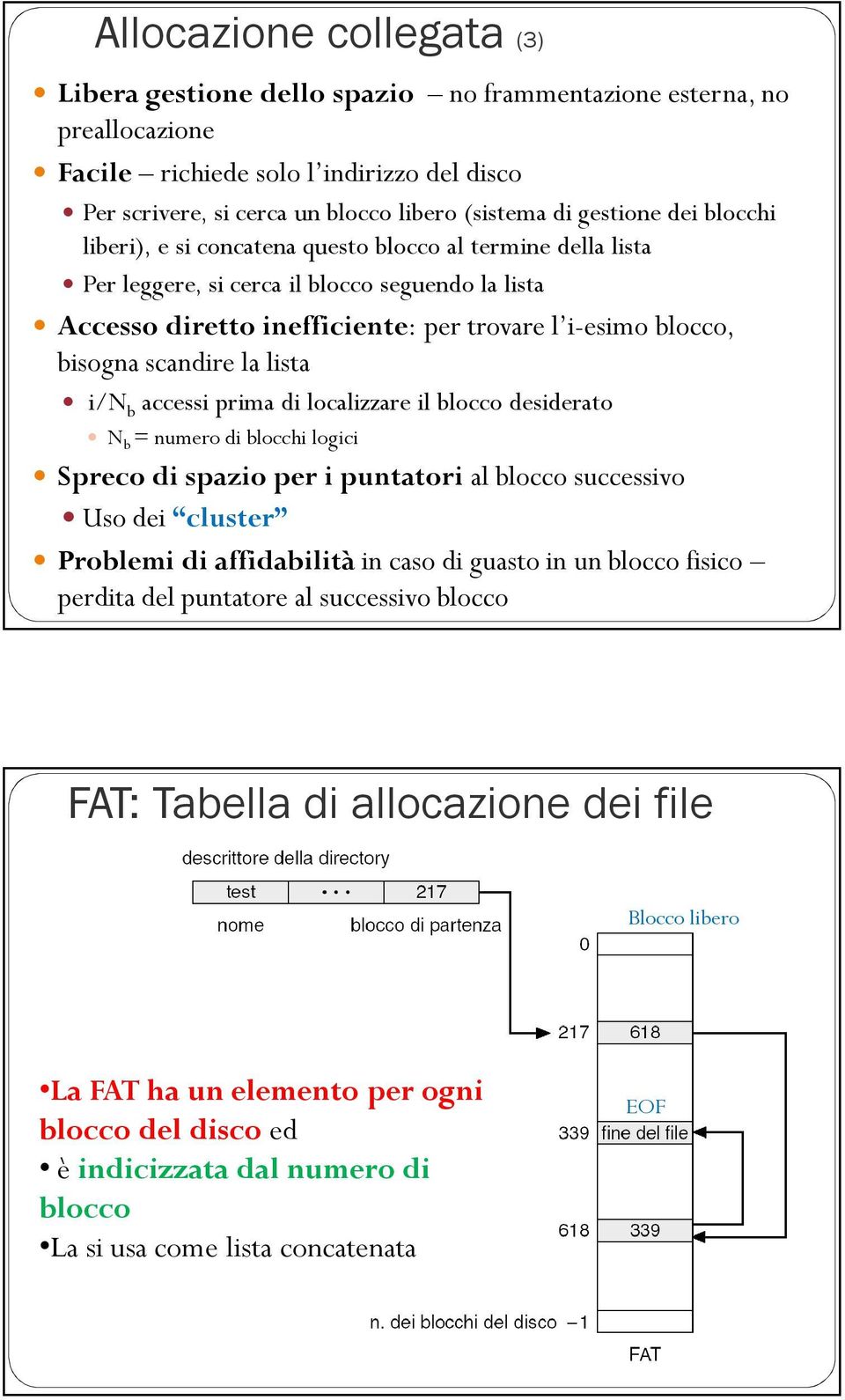 scandire la lista i/n b accessi prima di localizzare il blocco desiderato N b = numero di blocchi logici Spreco di spazio per i puntatori al blocco successivo Uso dei cluster Problemi di affidabilità