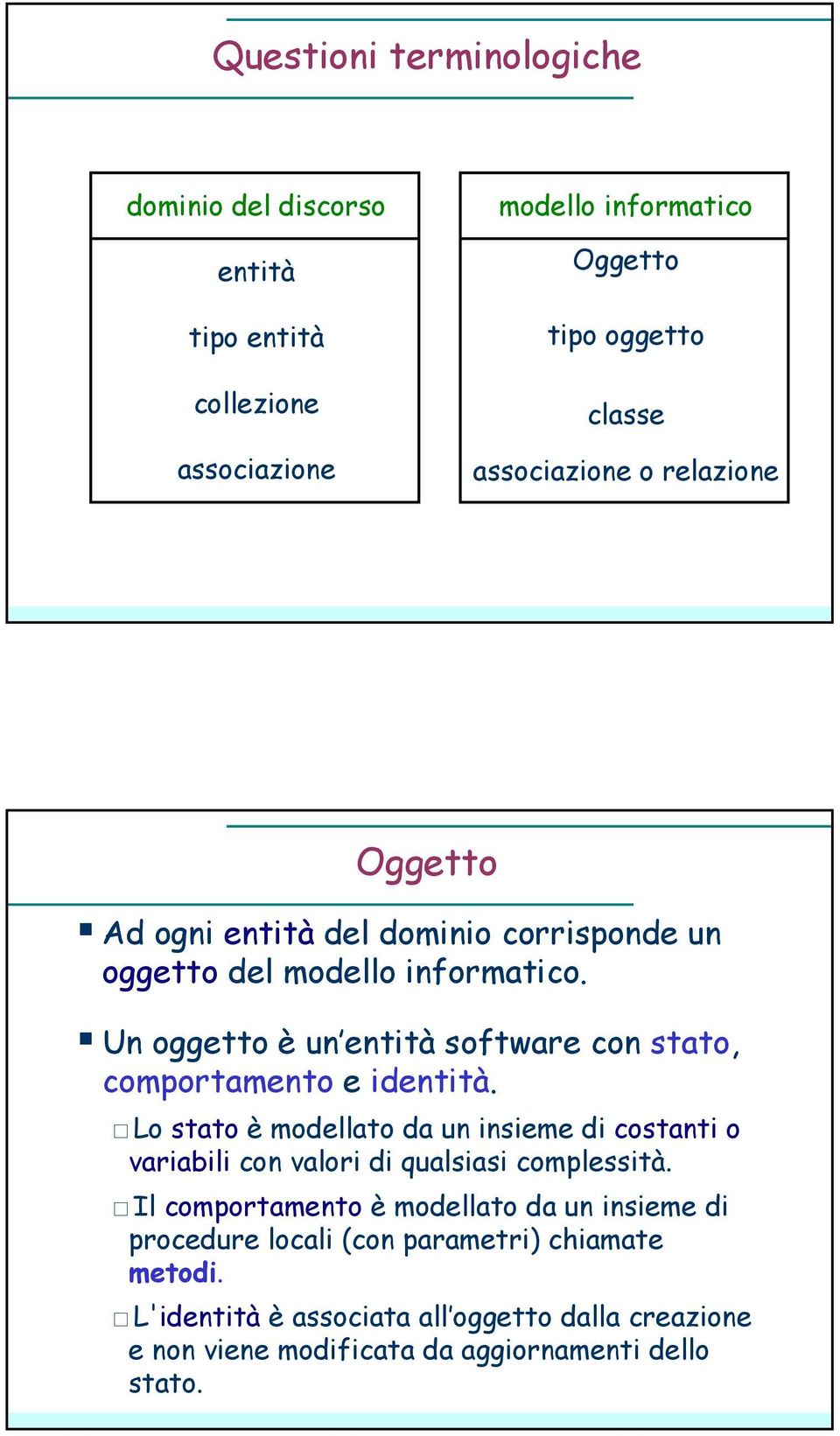 Un oggetto è un entità software con stato, comportamento e identità.