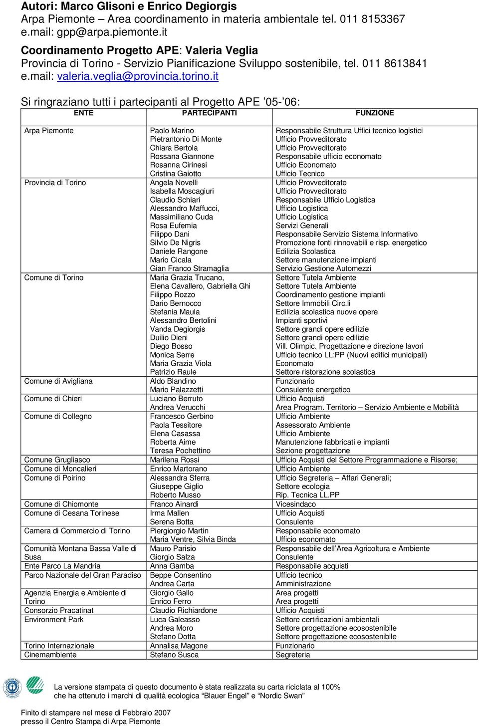 it Si ringraziano tutti i partecipanti al Progetto APE 05-06: ENTE PARTECIPANTI FUNZIONE Arpa Piemonte Paolo Marino Pietrantonio Di Monte Chiara Bertola Rossana Giannone Rosanna Cirinesi Cristina