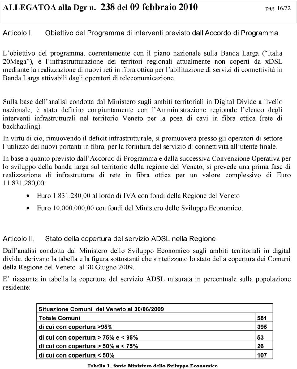 dei territori regionali attualmente non coperti da xdsl mediante la realizzazione di nuovi reti in fibra ottica per l abilitazione di servizi di connettività in Banda Larga attivabili dagli operatori