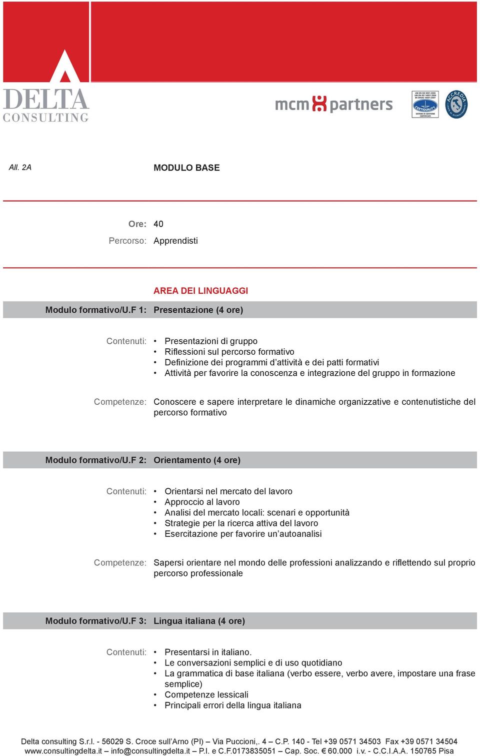 gruppo in formazione Conoscere e sapere interpretare le dinamiche organizzative e contenutistiche del percorso formativo Modulo formativo/u.