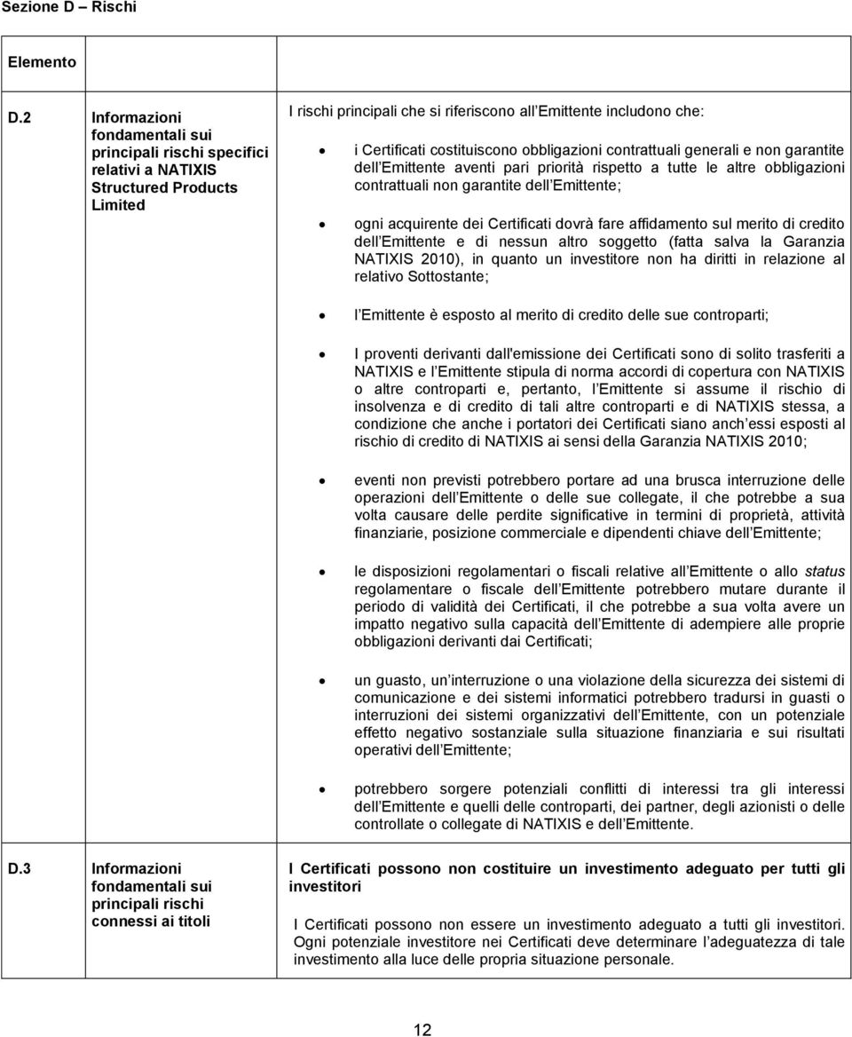 costituiscono obbligazioni contrattuali generali e non garantite dell Emittente aventi pari priorità rispetto a tutte le altre obbligazioni contrattuali non garantite dell Emittente; ogni acquirente