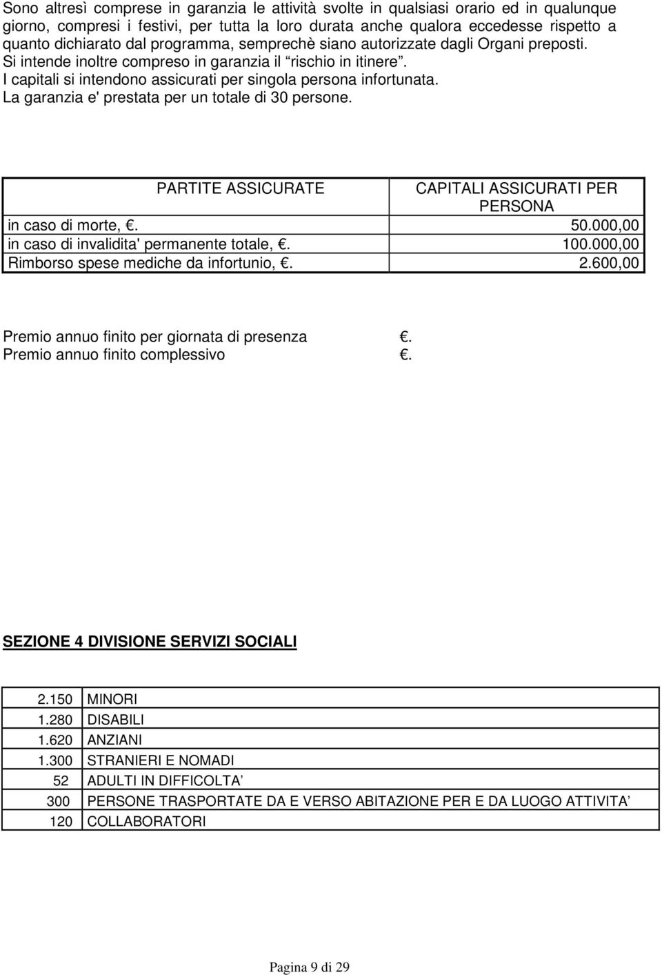 La garanzia e' prestata per un totale di 30 persone. PARTITE ASSICURATE CAPITALI ASSICURATI PER PERSONA in caso di morte,. 50.000,00 in caso di invalidita' permanente totale,. 100.