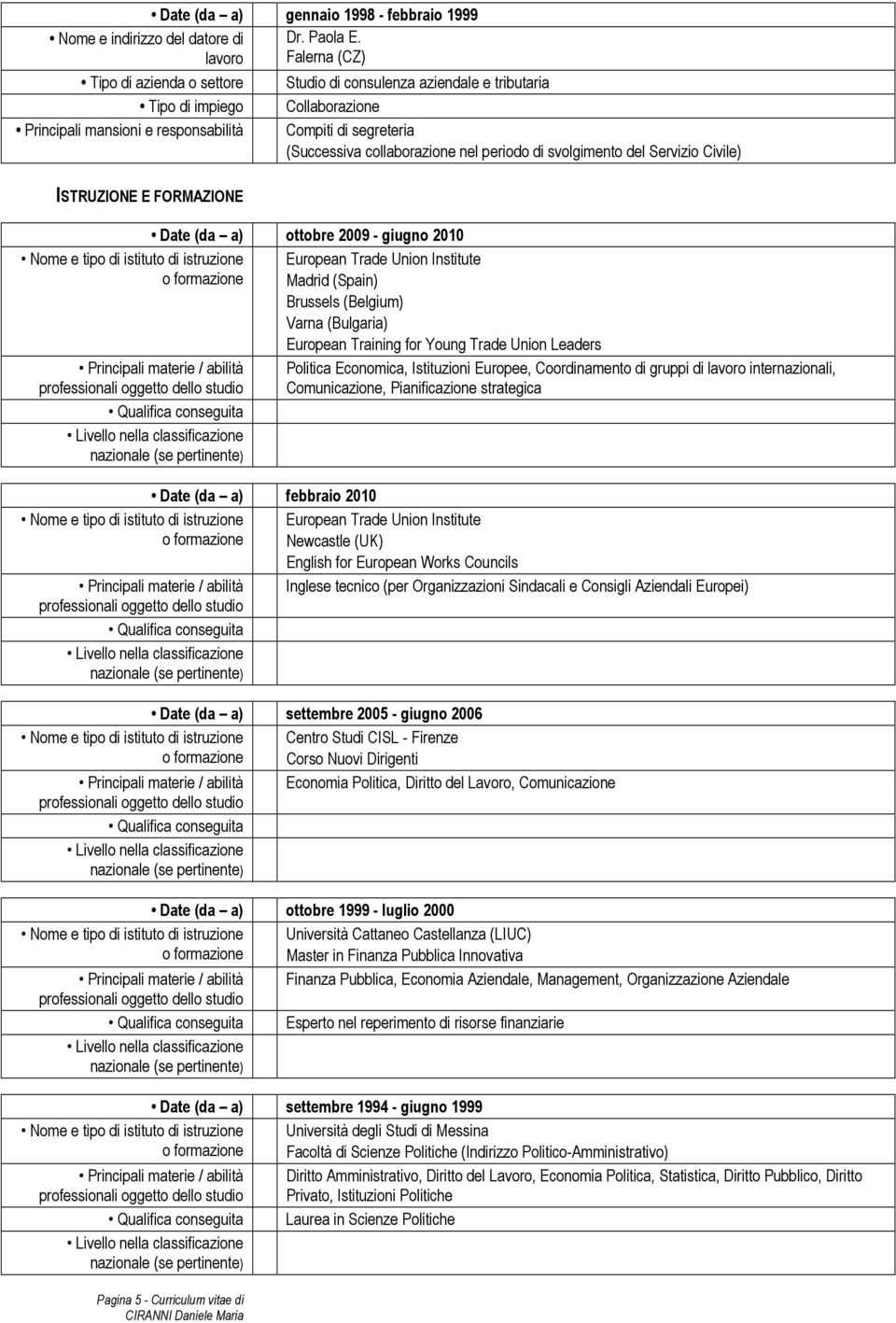 Servizio Civile) Date (da a) ottobre 2009 - giugno 2010 Date (da a) febbraio 2010 European Trade Union Institute Madrid (Spain) Brussels (Belgium) Varna (Bulgaria) European Training for Young Trade