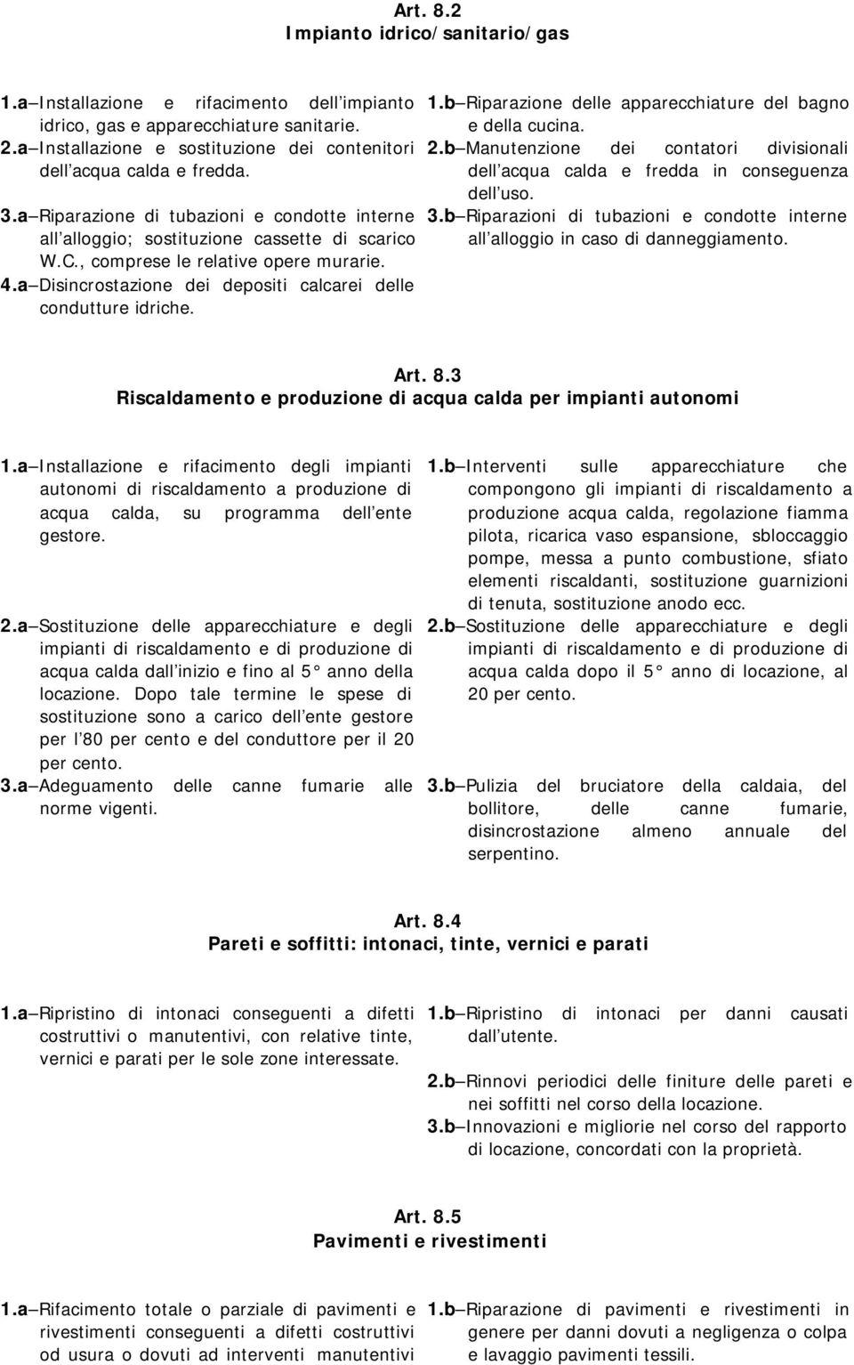 a Disincrostazione dei depositi calcarei delle condutture idriche. 1.b Riparazione delle apparecchiature del bagno e della cucina. 2.