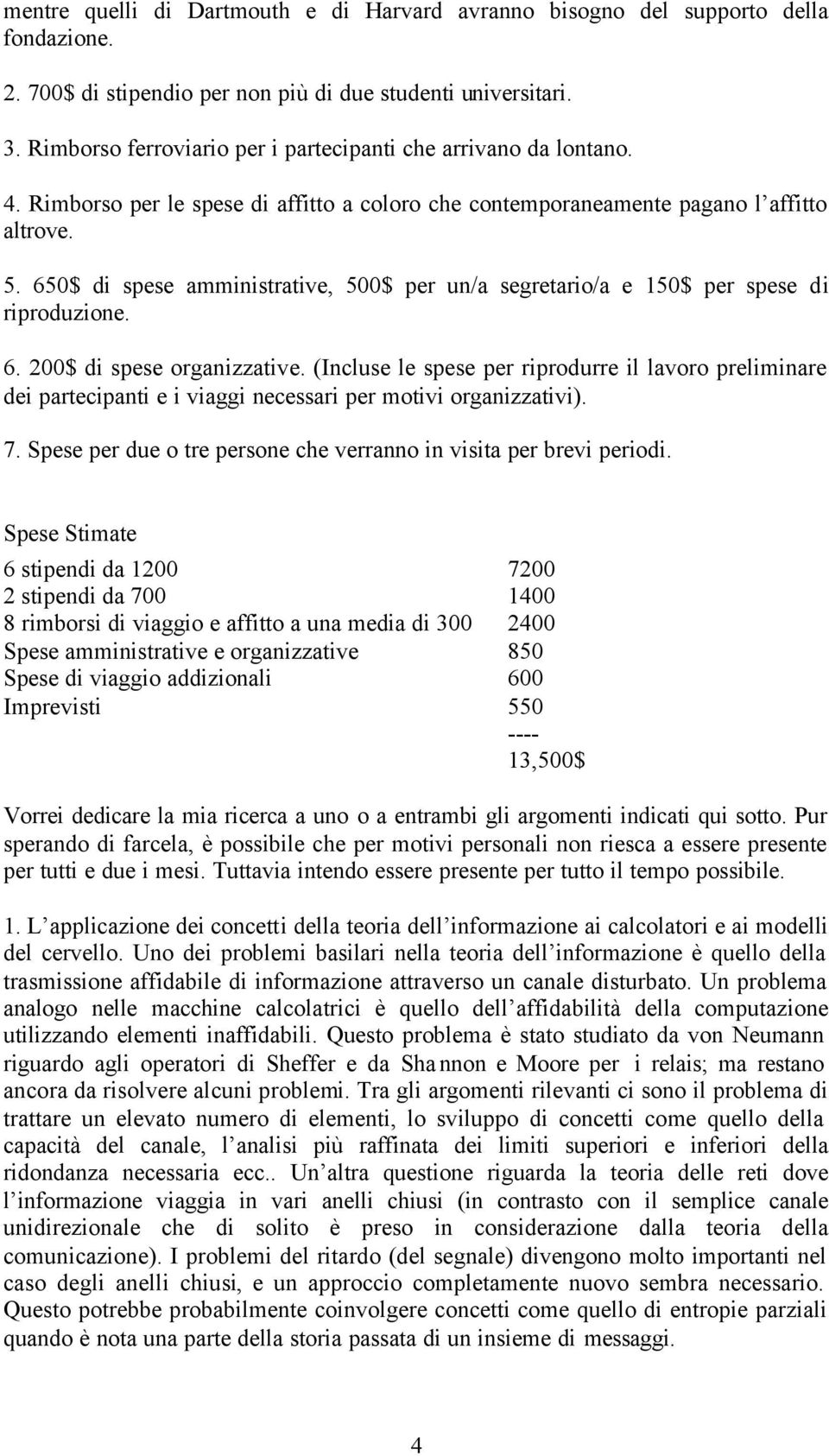 650$ di spese amministrative, 500$ per un/a segretario/a e 150$ per spese di riproduzione. 6. 200$ di spese organizzative.