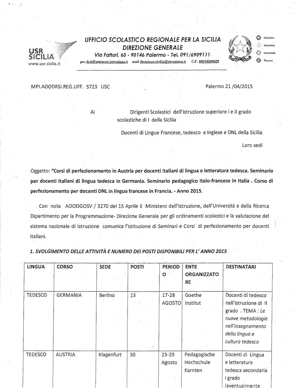 5723 USC Palermo 21/04/2015 Ai Dirigenti Scolastici dell'istruzione superiore i e Il grado scolastiche di l della Sicilia Docenti di Lingue Francese, tedesco e Inglese e DNL della Sicilia Loro sedi