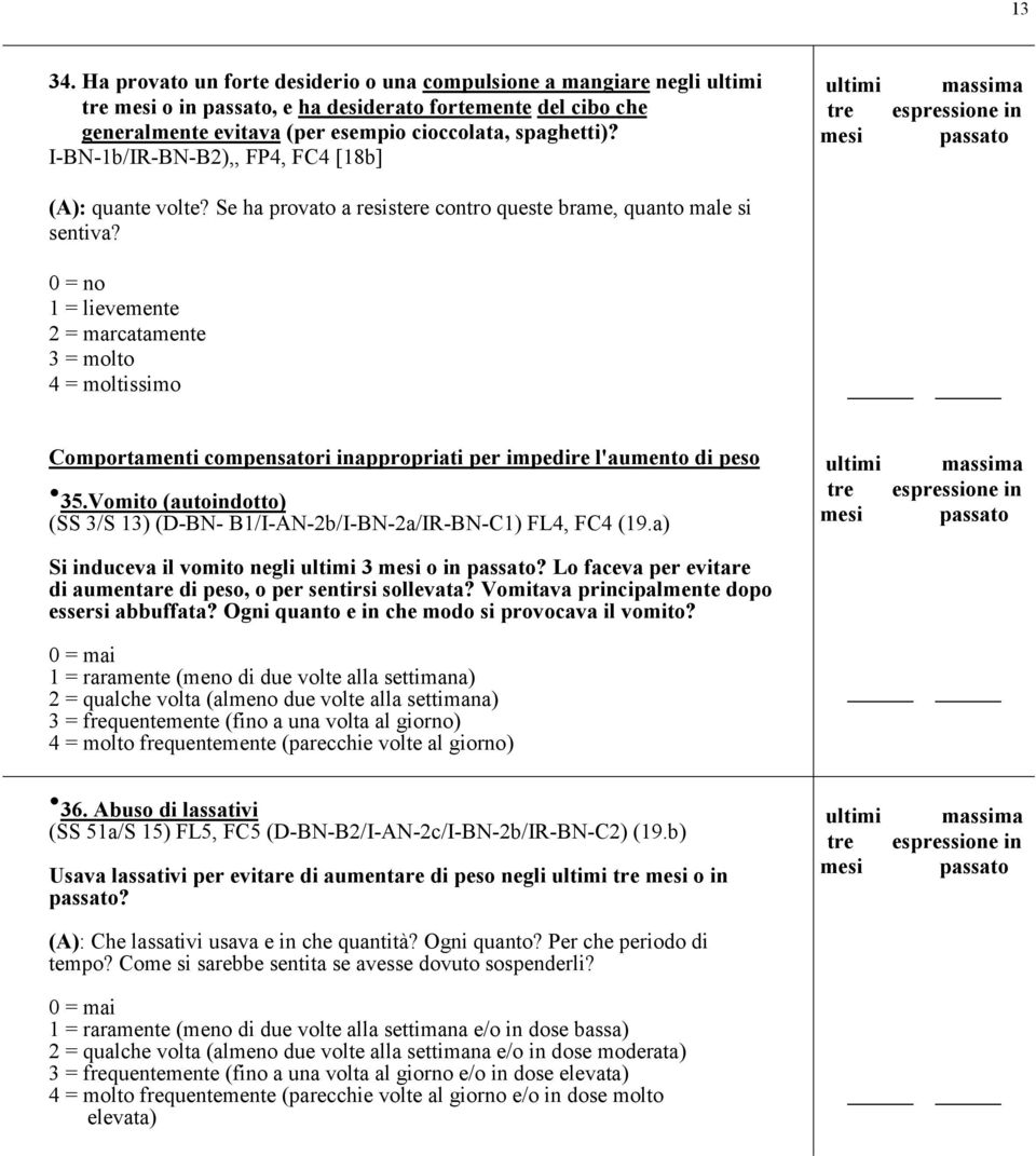 1 = lievemente 2 = marcatamente 3 = molto 4 = moltissimo Comportamenti compensatori inappropriati per impedire l'aumento di peso 35.