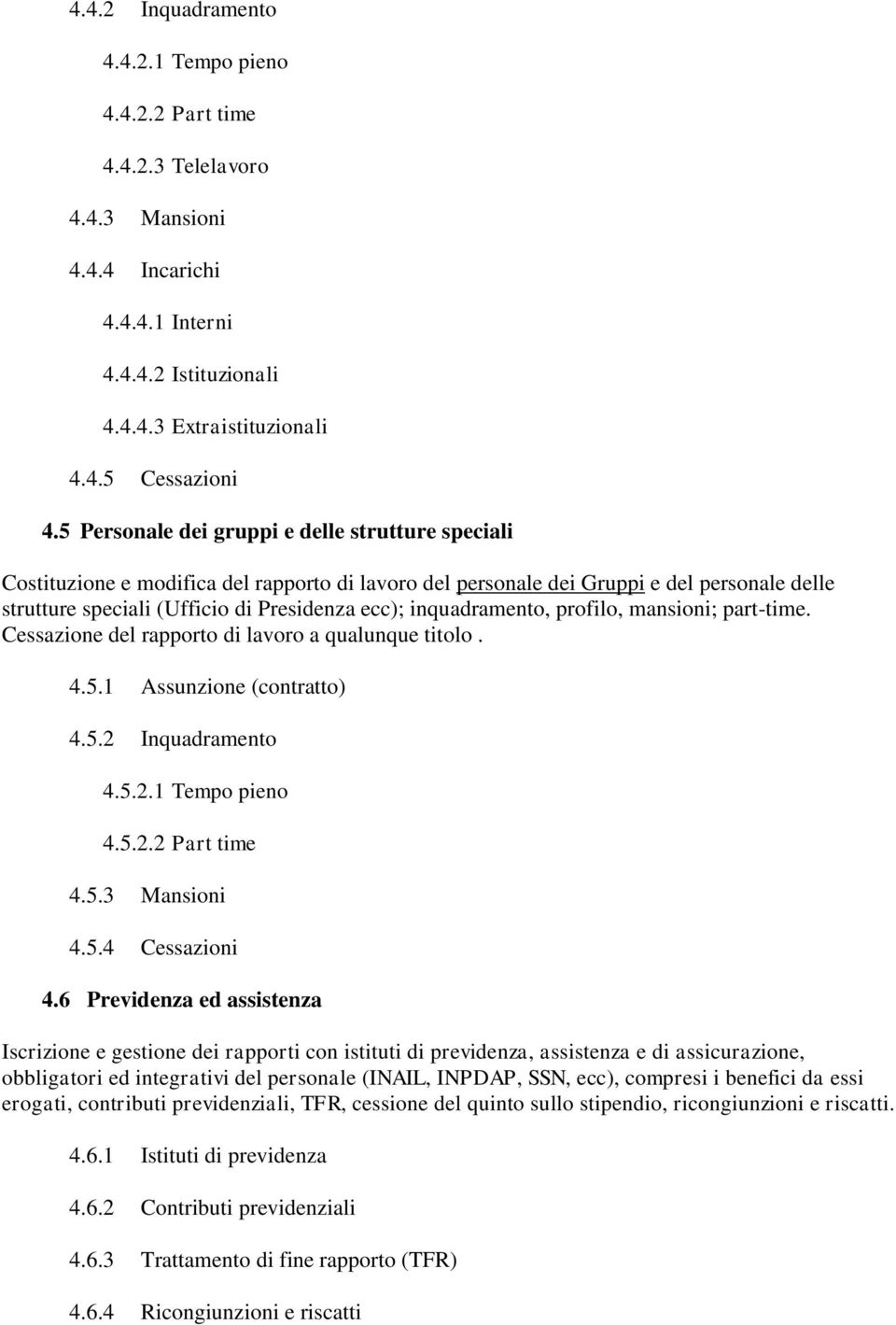 inquadramento, profilo, mansioni; part-time. Cessazione del rapporto di lavoro a qualunque titolo. 4.5.1 Assunzione (contratto) 4.5.2 Inquadramento 4.5.2.1 Tempo pieno 4.5.2.2 Part time 4.5.3 Mansioni 4.