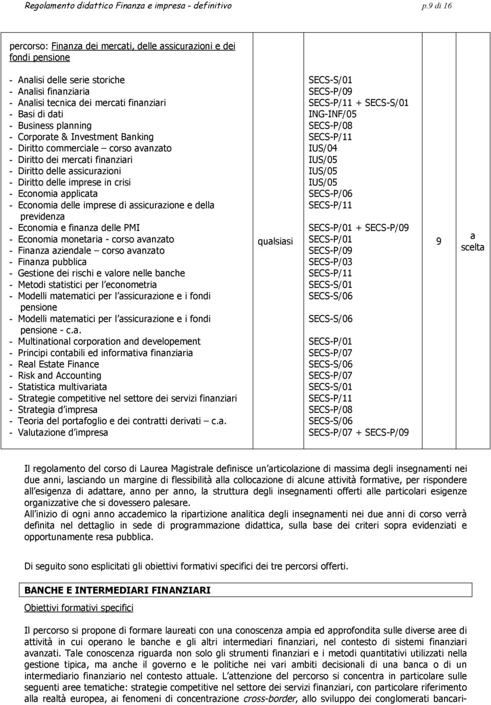 planning - Corporate & Investment Banking - Diritto commerciale corso avanzato - Diritto dei mercati finanziari - Diritto delle assicurazioni - Diritto delle imprese in crisi - Economia applicata -