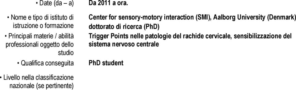 Center for sensory-motory interaction (SMI), Aalborg University (Denmark) dottorato di ricerca (PhD)