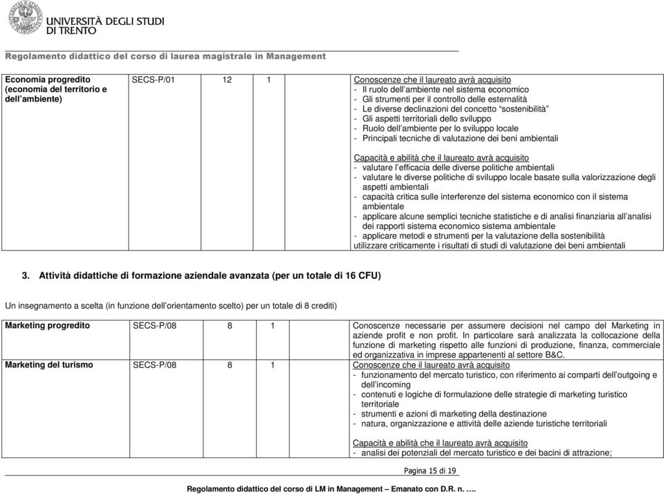 beni ambientali Capacità e abilità che il laureato avrà acquisito - valutare l efficacia delle diverse politiche ambientali - valutare le diverse politiche di sviluppo locale basate sulla