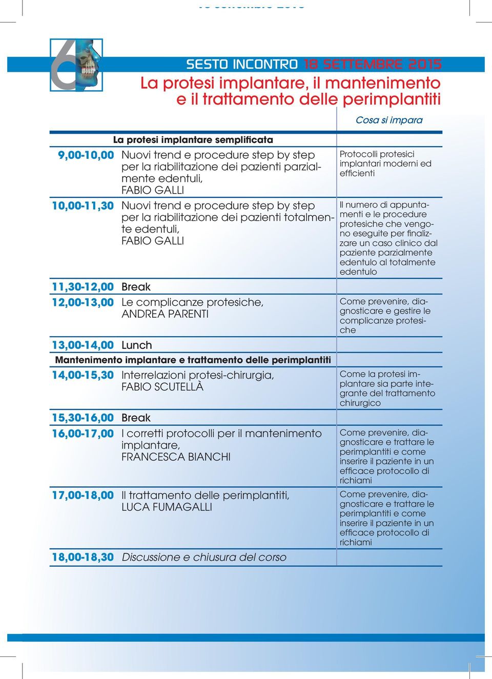 11,30-12,00 Break 12,00-13,00 Le complicanze protesiche, ANDREA PARENTI 13,00-14,00 Lunch Mantenimento implantare e trattamento delle perimplantiti 14,00-15,30 Interrelazioni protesi-chirurgia, FABIO