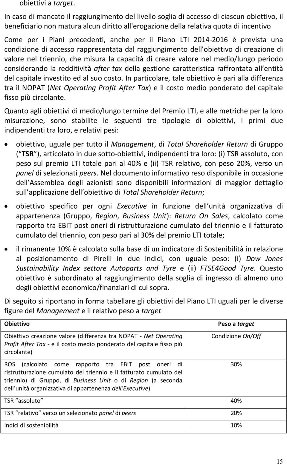 precedenti, anche per il Piano LTI 2014-2016 è prevista una condizione di accesso rappresentata dal raggiungimento dell obiettivo di creazione di valore nel triennio, che misura la capacità di creare