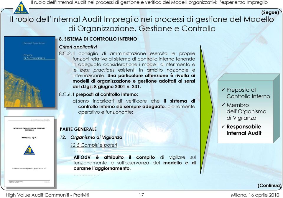 Il consiglio di amministrazione esercita le proprie funzioni relative al sistema di controllo interno tenendo in adeguata considerazione i modelli di riferimento e le best practices esistenti in