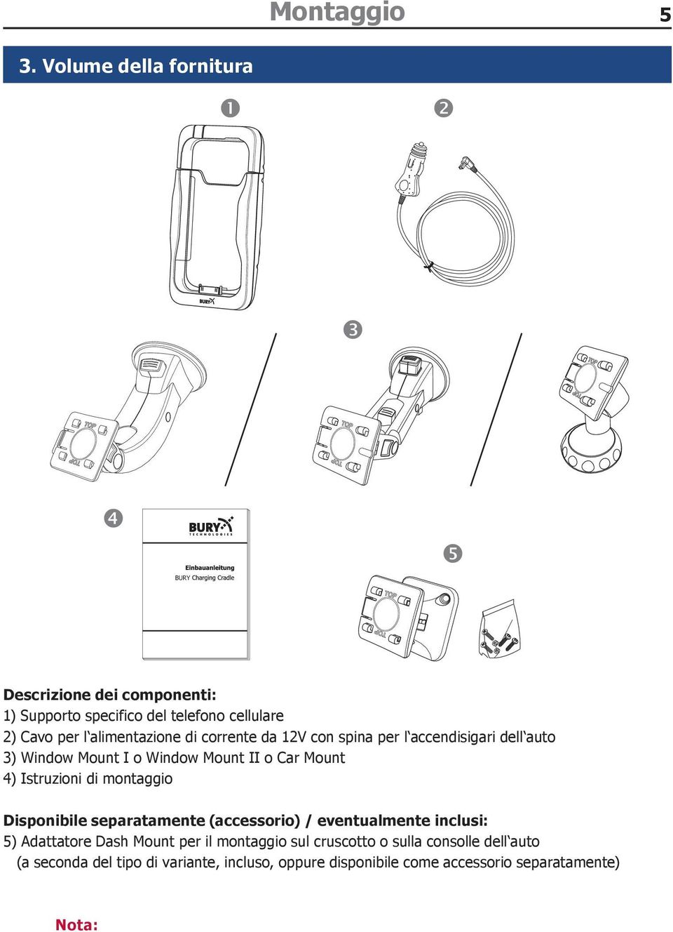 di corrente da 12V con spina per l accendisigari dell auto 3) Window Mount I o Window Mount II o Car Mount 4) Istruzioni di