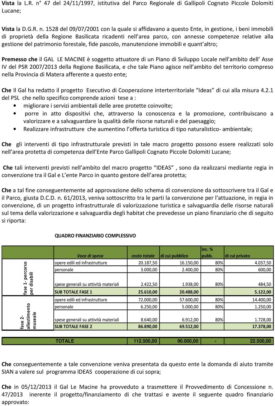 1528 del 09/07/2001 con la quale si affidavano a questo Ente, in gestione, i beni immobili di proprietà della Regione Basilicata ricadenti nell area parco, con annesse competenze relative alla