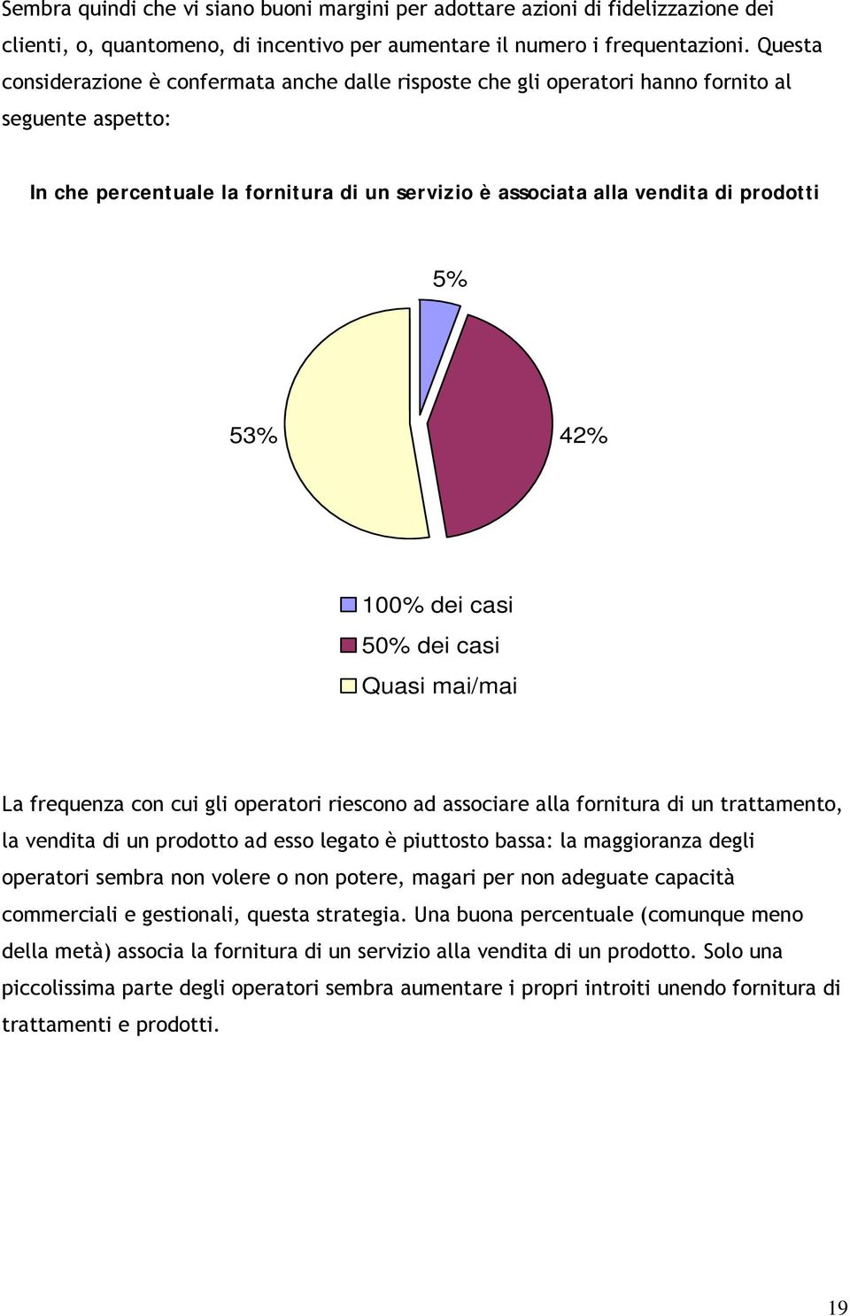 42% 100% dei casi 50% dei casi Quasi mai/mai La frequenza con cui gli operatori riescono ad associare alla fornitura di un trattamento, la vendita di un prodotto ad esso legato è piuttosto bassa: la