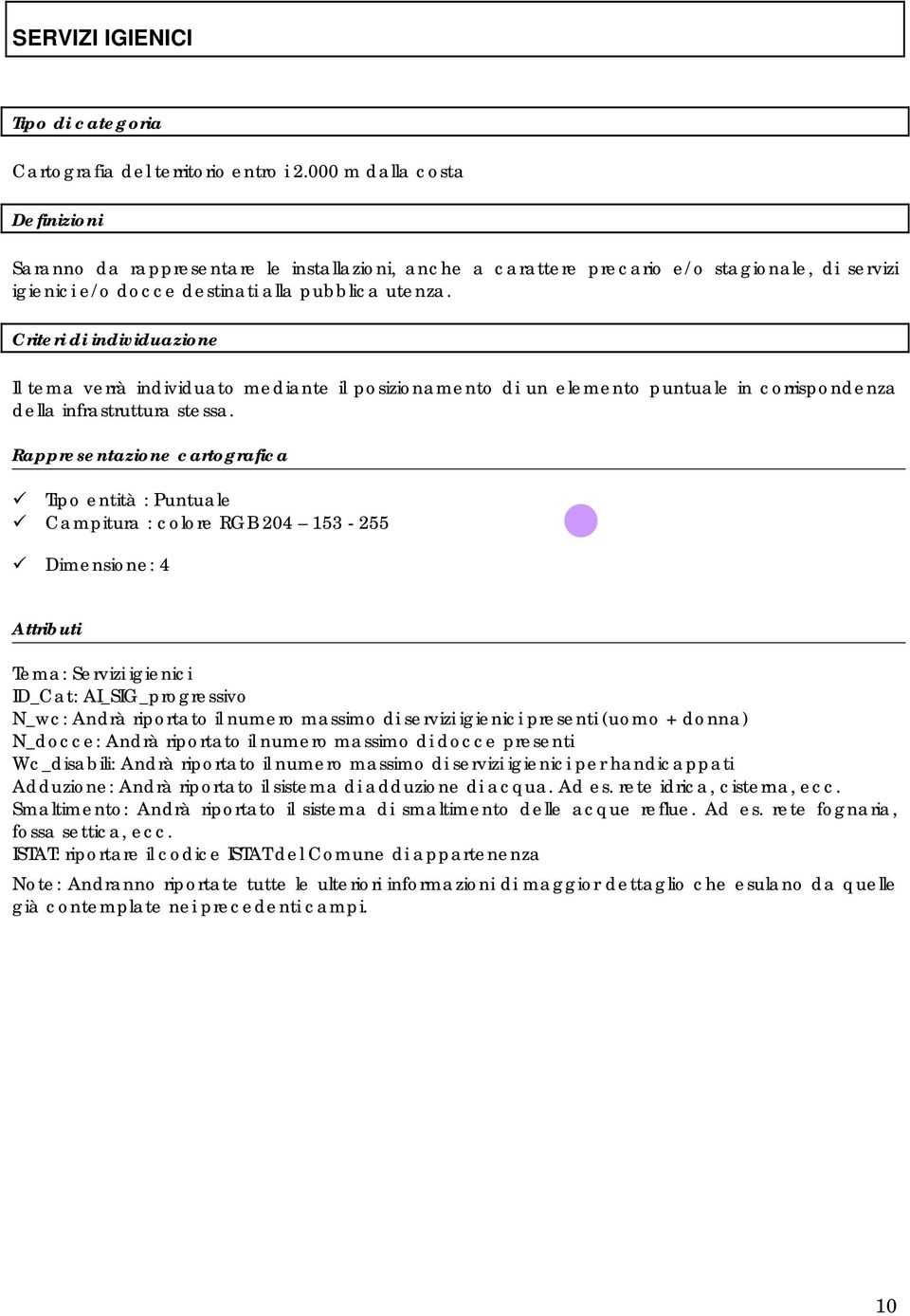 Tipo entità : Puntuale Campitura : colore RGB 204 153-255 Dimensione: 4 Tema: Servizi igienici ID_Cat: AI_SIG_progressivo N_wc: Andrà riportato il numero massimo di servizi igienici presenti (uomo +