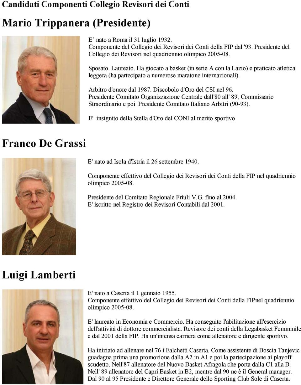 Ha giocato a basket (in serie A con la Lazio) e praticato atletica leggera (ha partecipato a numerose maratone internazionali). Arbitro d'onore dal 1987. Discobolo d'oro del CSI nel 96.