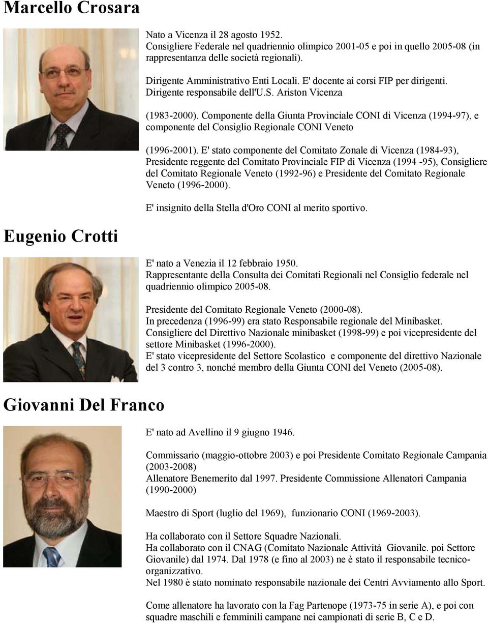 Componente della Giunta Provinciale CONI di Vicenza (1994-97), e componente del Consiglio Regionale CONI Veneto (1996-2001).