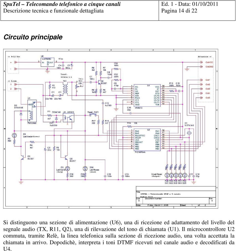 Il microcontrollore U2 commuta, tramite Relè, la linea telefonica sulla sezione di ricezione audio, una