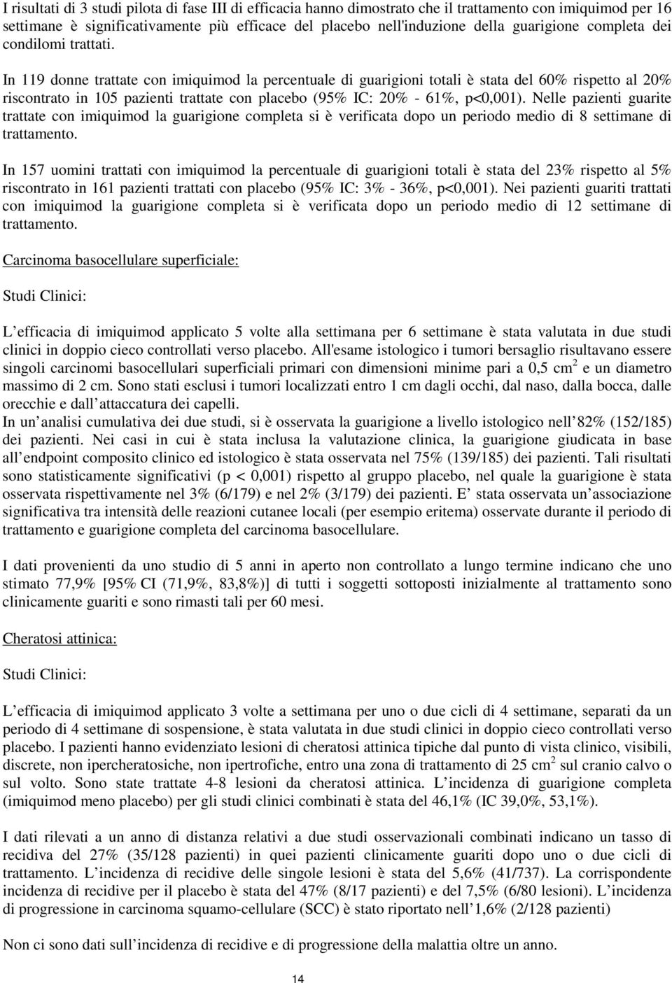 In 119 donne trattate con imiquimod la percentuale di guarigioni totali è stata del 60% rispetto al 20% riscontrato in 105 pazienti trattate con placebo (95% IC: 20% - 61%, p<0,001).