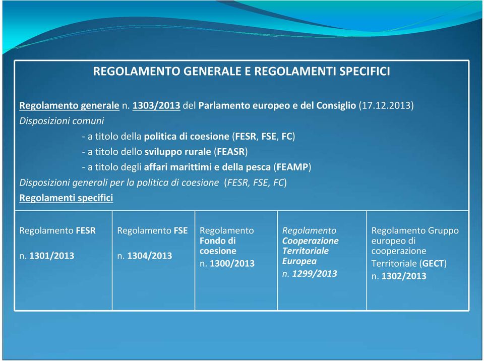 e della pesca(feamp) Disposizioni generali per la politica di coesione (FESR, FSE, FC) Regolamenti specifici Regolamento FESR n.