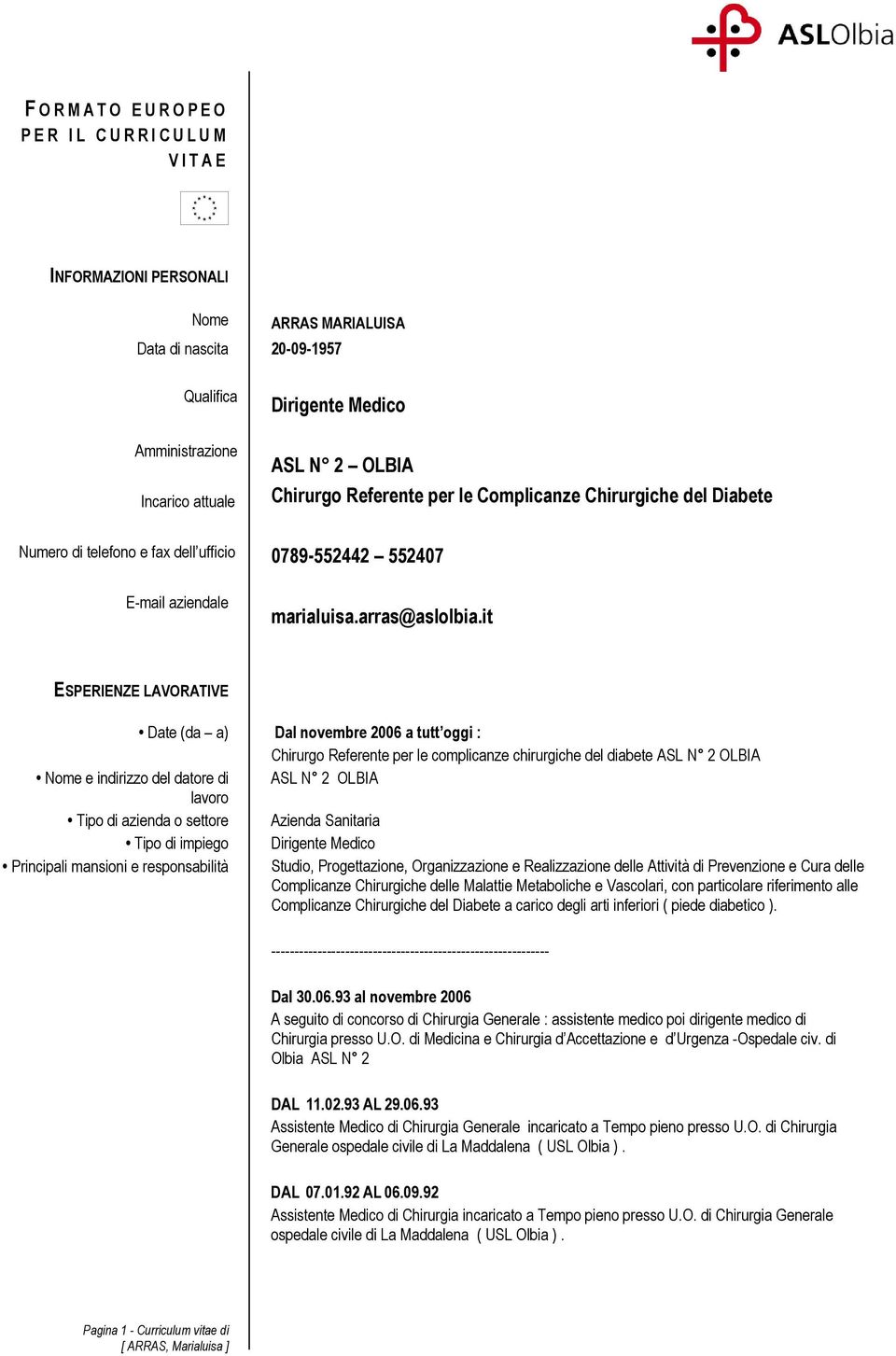 it ESPERIENZE LAVORATIVE Date (da a) Dal novembre 2006 a tutt oggi : Chirurgo Referente per le complicanze chirurgiche del diabete ASL N 2 OLBIA Nome e indirizzo del datore di ASL N 2 OLBIA lavoro