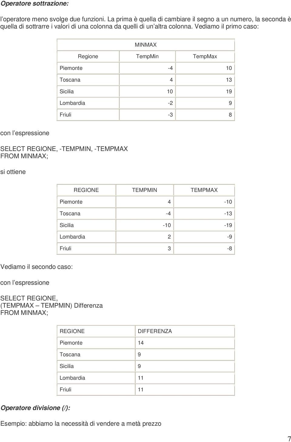 Vediamo il primo caso: MINMAX Regione TempMin TempMax Piemonte -4 10 Toscana 4 13 Sicilia 10 19 Lombardia -2 9 Friuli -3 8 con l espressione SELECT REGIONE, -TEMPMIN, -TEMPMAX FROM