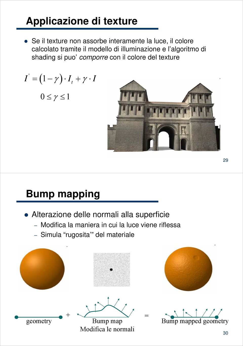 It + γ I 0 γ 1 29 Bump mapping Alterazione delle normali alla superficie Modifica la maniera in cui la
