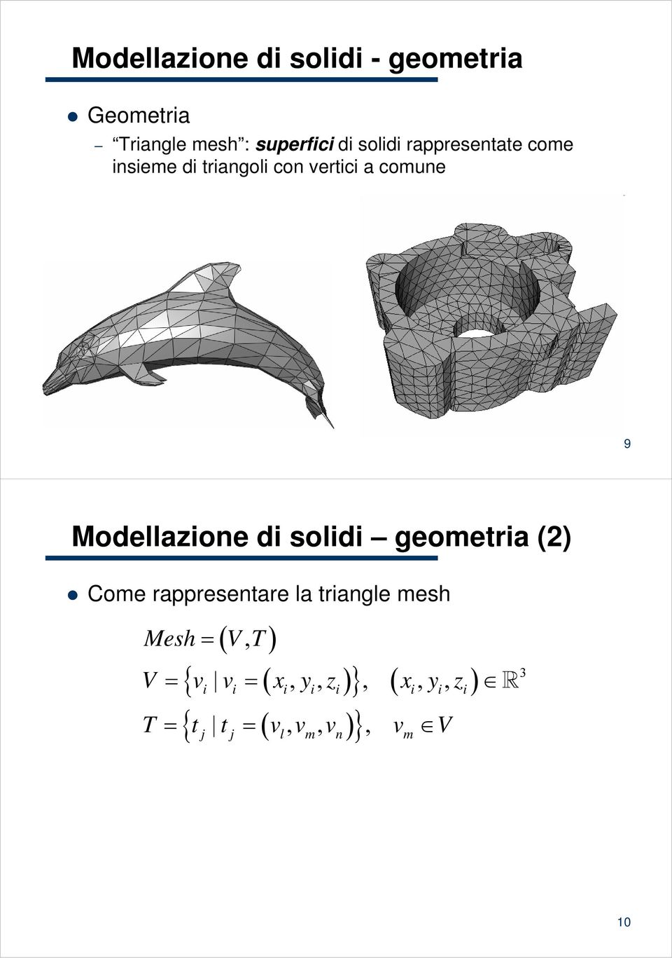 solidi geometria (2) Come rappresentare la triangle mesh Mesh = ( V, T ) ( ) { i i