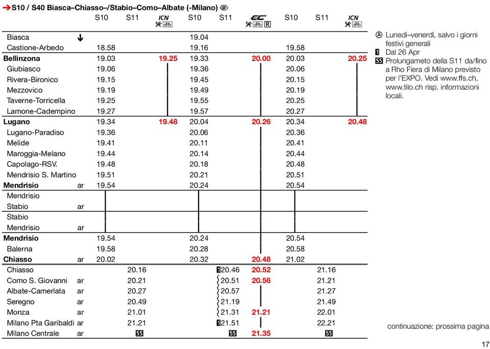 27 ƒ Lugano 19.34 19.48 20.04 20.26 20.34 20.48 Lugano-Paradiso 19.36 20.06 ƒ 20.36 Melide 19.41 20.11 ƒ 20.41 Maroggia-Melano 19.44 20.14 ƒ 20.44 Capolago-RSV. 19.48 20.18 ƒ 20.48 Mendrisio S.