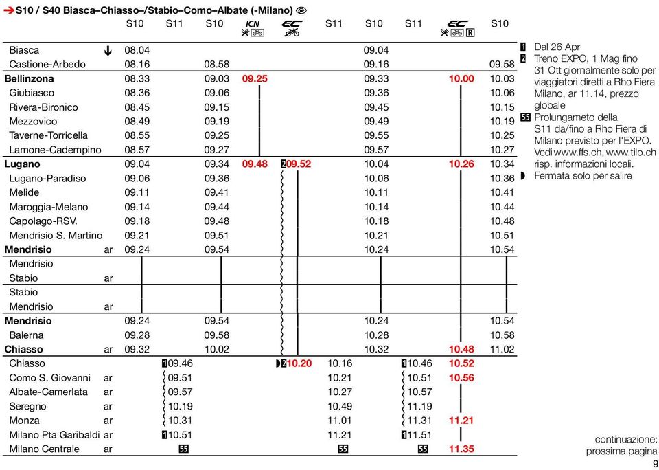 27 ƒ 09.57 ƒ 10.27 Lugano 09.04 09.34 09.48 #09.52 10.04 10.26 10.34 Lugano-Paradiso 09.06 09.36 i ƒ 10.06 ƒ 10.36 Melide 09.11 09.41 i ƒ 10.11 ƒ 10.41 Maroggia-Melano 09.14 09.44 i ƒ 10.14 ƒ 10.