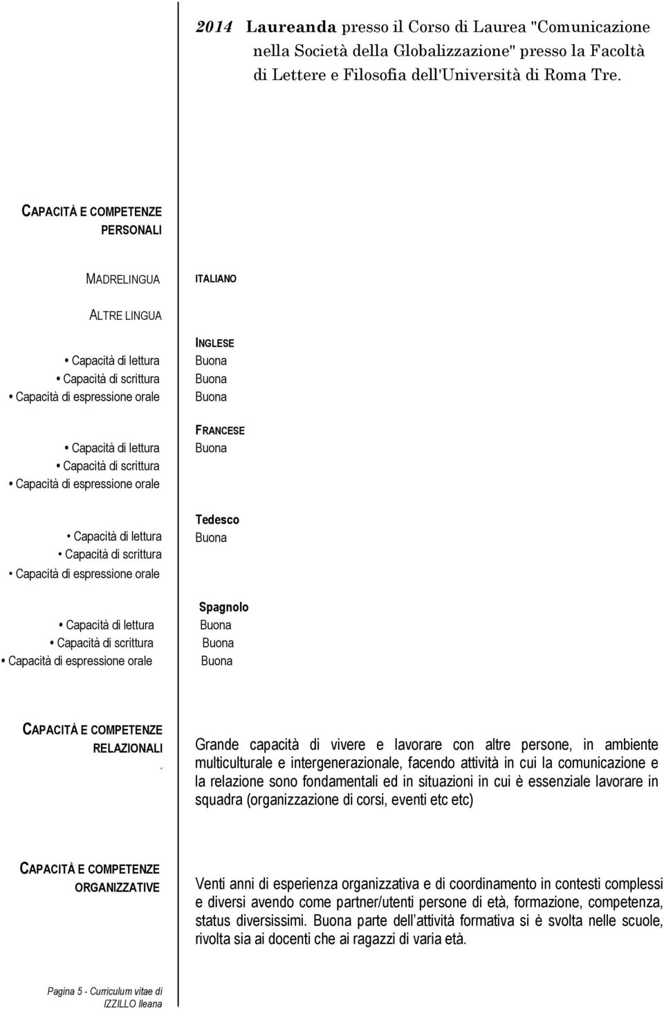 Grande capacità di vivere e lavorare con altre persone, in ambiente multiculturale e intergenerazionale, facendo attività in cui la comunicazione e la relazione sono fondamentali ed in situazioni in