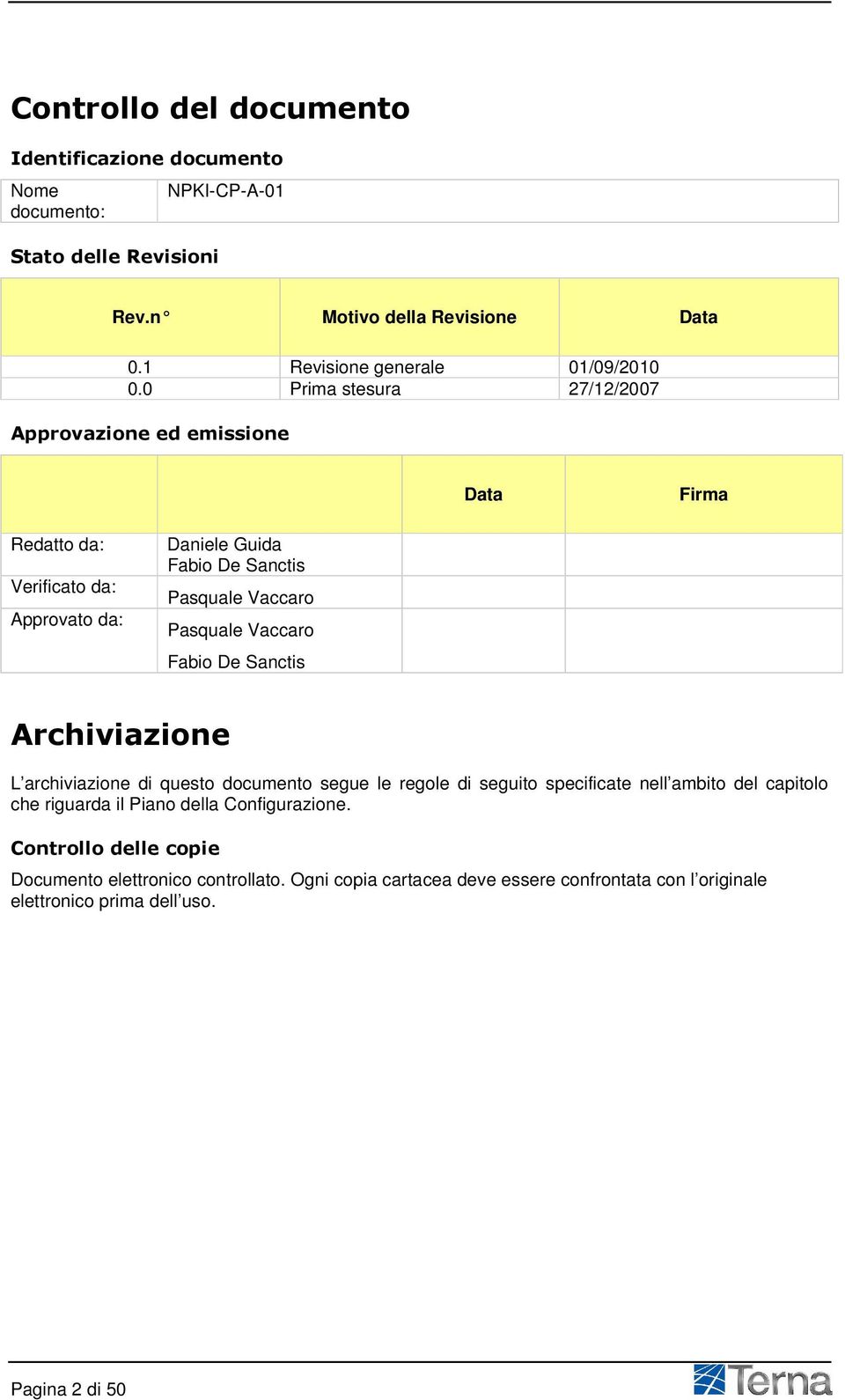 0 Prima stesura 27/12/2007 Approvazione ed emissione Data Firma Redatto da: Verificato da: Approvato da: Daniele Guida Fabio De Sanctis Pasquale Vaccaro Pasquale